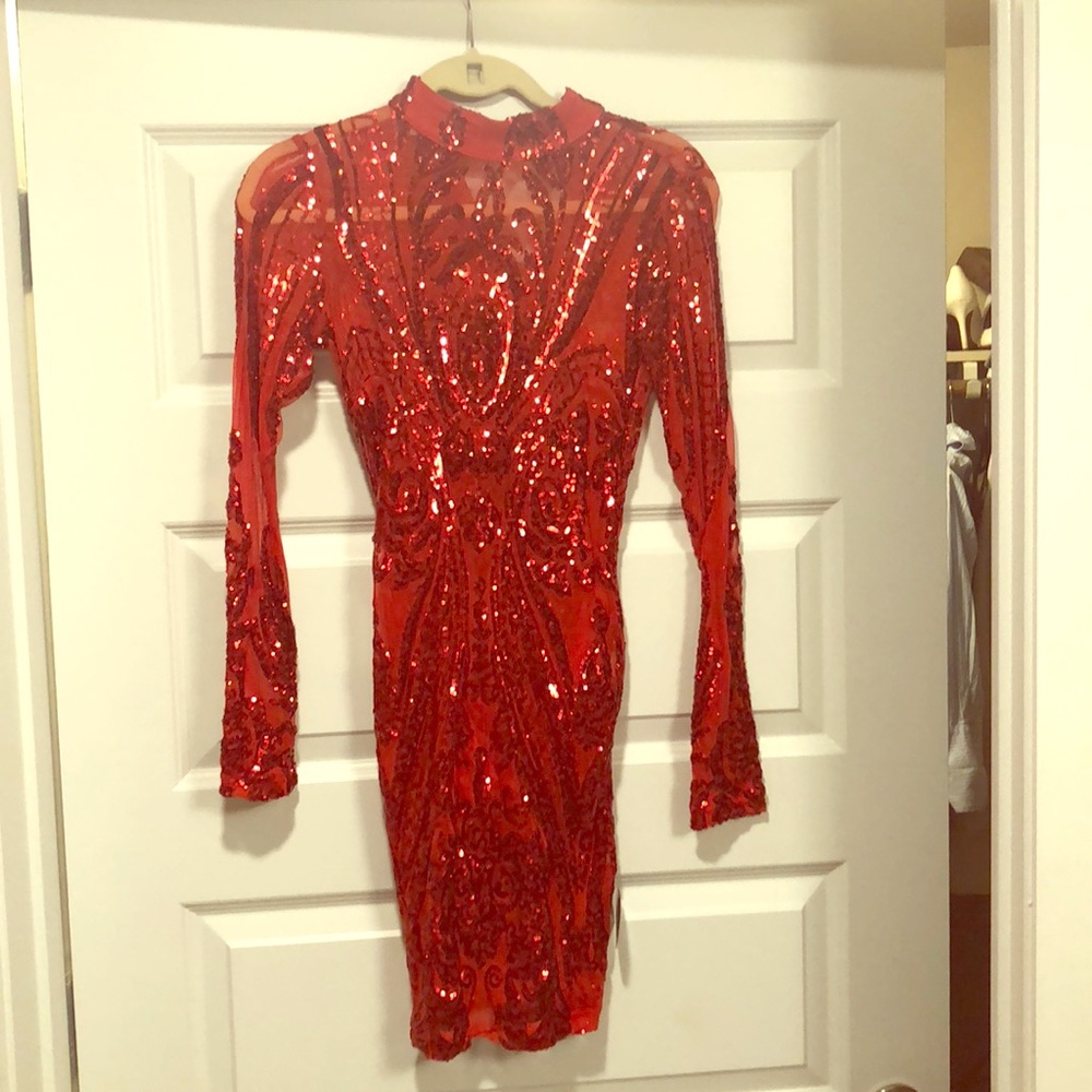 Red shear and sequined dress